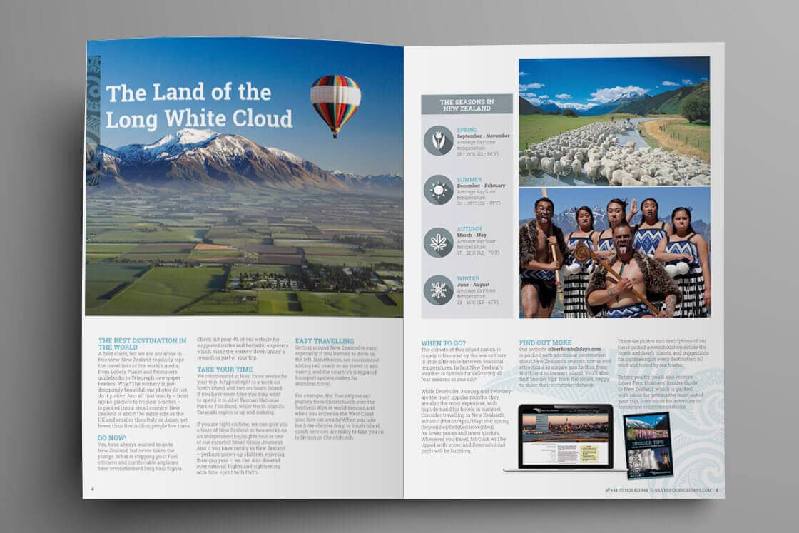 Sample spread from the Silver Fern Holidays holiday brochure